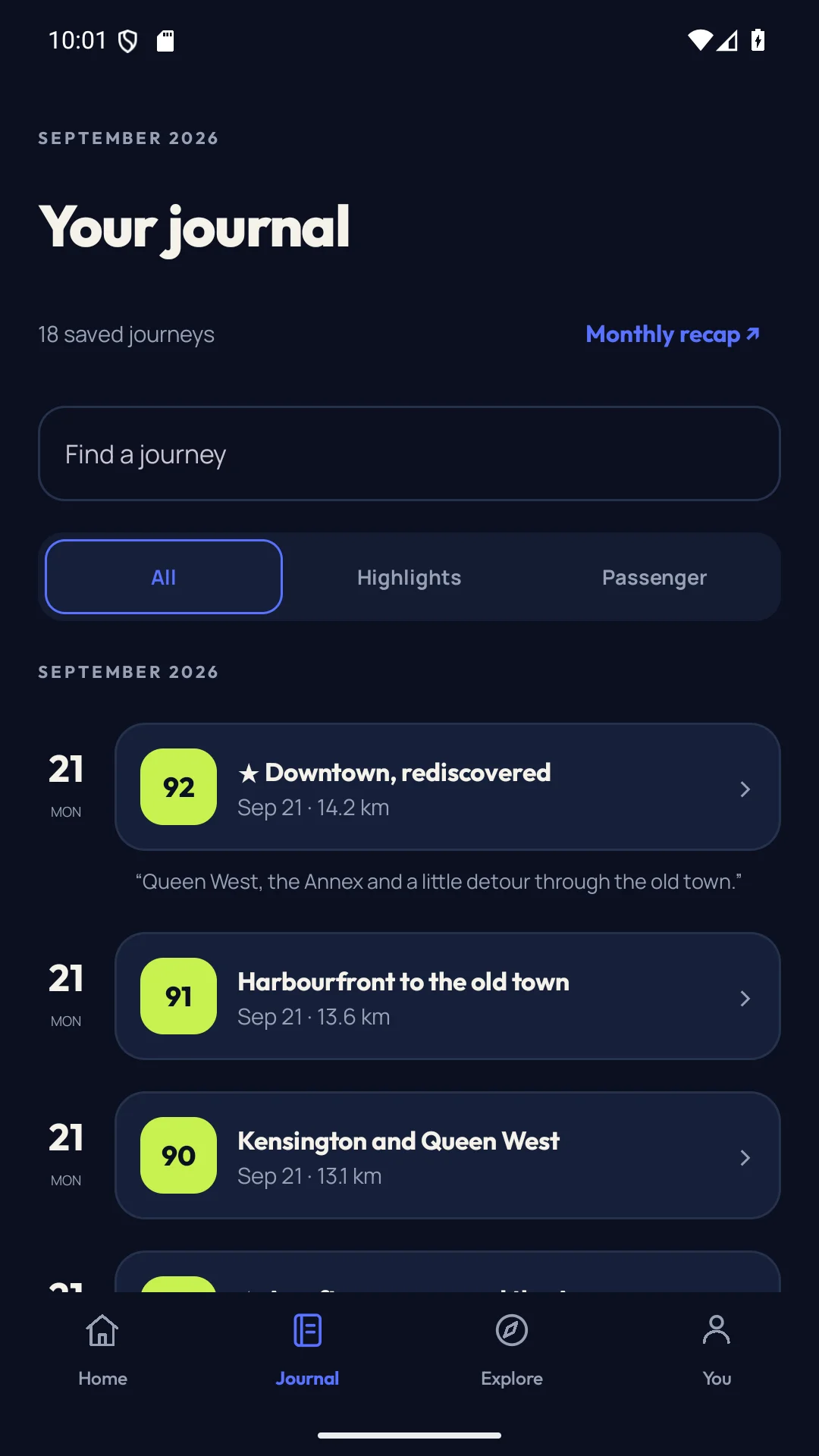 Roadsy journal with saved sample journeys, search, and filters for highlights and passenger trips.