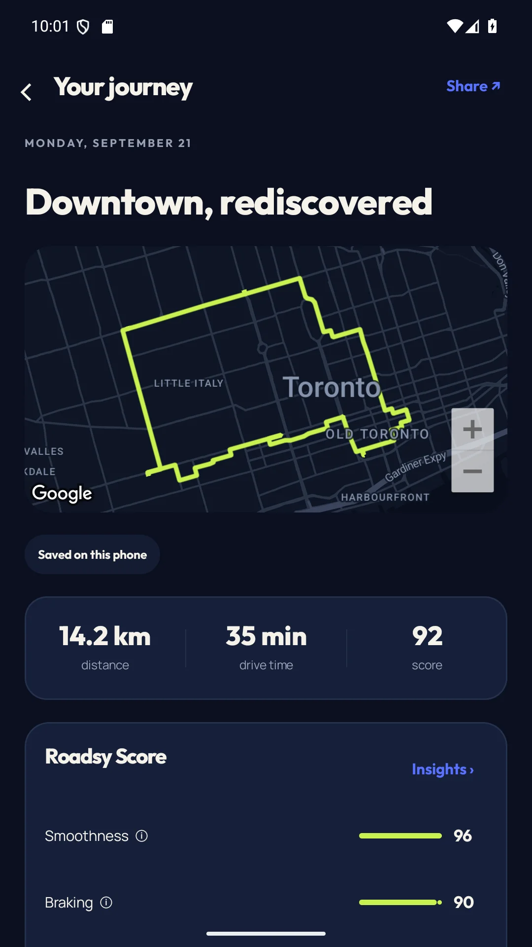 Roadsy journey detail showing a sample Toronto route, 14.2 km, 35 minutes, and a driving score of 92.